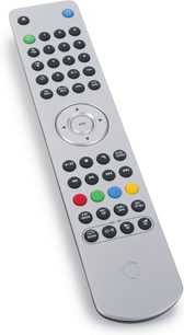 Grå Cambridge Audio fjernbetjening med multifarvede knapper til 4K Blu-ray-afspiller 651BD, set forfra