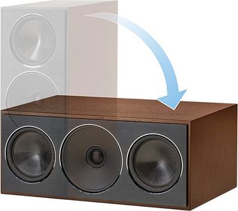 Paradigm Founder 70LCR noce centrale, 3 altoparlanti circolari neri, cassa rettangolare in legno scuro, vista 3/4 anteriore
