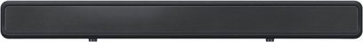Frontansicht der schwarzen Yamaha YAS-207 Soundbar, längliche rechteckige Form, schwarzes Gitter an der Vorderseite, Tasten oben