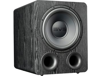 SVS PB-1000 PRO bassrefleksboks i svart ask, svart ask. Frontvisning. Svart rund høyttaler i midten, to runde svarte bassrefleksporter nederst