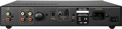 Preamplificator pentru căști Atoll Electronique HD120 argintiu, vedere din spate, conexiuni audio analogice și digitale, alimentare