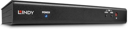 HDMI Multi-View Switch Lindy 4 porte (38150), set forfra, sort rektangulært kabinet, blå LED, Power-knap, HDMI- og IR-porte på forsiden