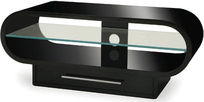 Sort TV-møbel med glas, moderne design, 2 hylder, 1 central skuffe, åben hylde, set forfra i perspektiv