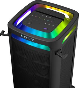 Cassa bluetooth portatile Sony ULT Tower 9 nera in plastica con griglia frontale in metallo, fasce LED multicolori intorno al bordo superiore e pannello comandi sulla parte superiore, vista dall’alto a tre quarti