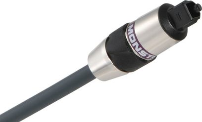 Optický digitální kabel Monster Fiber optic 400DFO 1,5 m, stříbrný kovový konektor, černý plášť, pohled z profilu