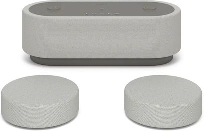 Bezprzewodowy głośnik Sony HT-AX7, widok z przodu, prostokątny kształt, szary kolor, 2 odłączane okrągłe moduły