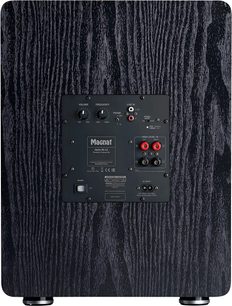 Alpha RS 12 subwoofer sort, bagside, rektangulært kontrolpanel med knapper, stik og inskriptioner, runde fødder