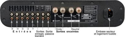 Bakpanelet på en Lector Audio ZAX-70 hi-fi stereoanlegg med synlige innganger, utganger, velgere og sikring