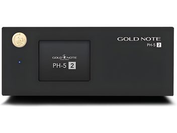 Gold Note PH-5.2 sort platespiller-forforsterker, minimalistisk front med sentrert skjerm, gyllent emblem og blå LED