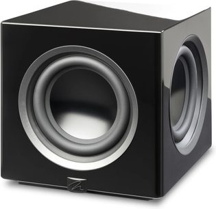 MartinLogan Abyss 10 subwoofer i sort lak, kubisk form, front og side med synlige højttalere