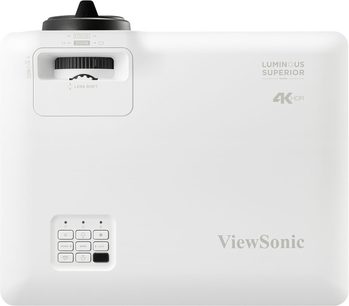 Projektor LS901-4K, set fra oven, hvid rektangulær kasse, justeringshjul, betjeningsknapper, synlige inskriptioner