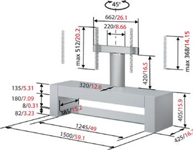 Gråt TV-møbel med drejelig og højdejusterbar TV-holder, sidehylder, detaljerede mål på målsat diagram