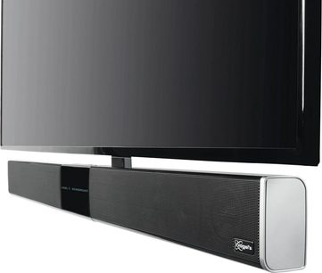 Rektangulær sort Vogel's NEXT 8365 soundbar monteret under en flad sort TV-skærm, set forfra