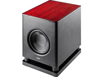 Subwoofer Sonus Faber Gravis VI červený, černé provedení a horní deska s efektem červeného dřeva, pohled ze tří čtvrtin