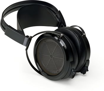 Fekete STAX SR-009D hi-fi fejhallgató felfüggesztett fejpánttal, nagy, nyitott rácsos, fül köré illeszkedő fülkagylókkal