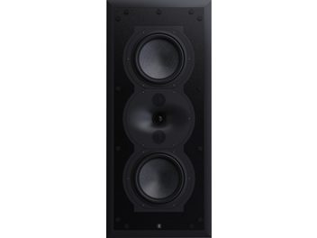 Vgradni stenski zvočnik Perlisten R5i-LR, pogled od spredaj, pravokoten črn panel, 2 okrogla nizkotonca, 1 osrednji visokotonec
