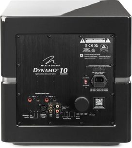 Dynamo 10 subwoofer i sort højglans, bagside, rektangulært tilslutningspanel med lydporte, afbryder, inskriptioner