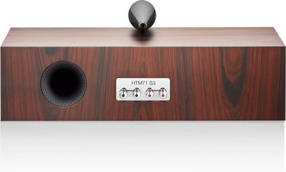 Centrální reproduktor Bowers & Wilkins HTM71 S3 moka, pohled zepředu a shora, dřevěná skříň, kulatý černý výškový reproduktor, 4 reproduktory