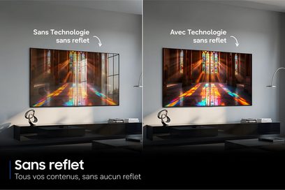Televisore Samsung TQ77S95H a schermo piatto da parete, confronto senza riflessi e con tecnologia antiriflesso in soggiorno