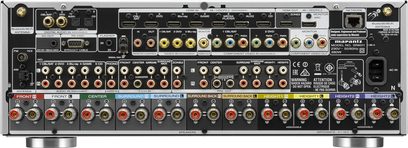 Marantz SR6011 sølv/gull hjemmekino-forsterker, bakside, analog og digital lyd/videotilkobling, Wi-Fi-antenner