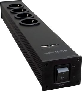 Černá prodlužovací zásuvka Taga Harmony PF-400USB, 4 síťové zásuvky, vypínač on/off, USB port, pohled shora v perspektivě