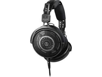 Audio-Technica ATH-R50X fekete vezetékes nyitott hifi fejhallgató, bal fülhallgató nagy felbontású oldalnézet, kör alakú perforált fém rács, fekete bársonypárna, alul rögzített egyenes kábel, dupla, légzést biztosító műanyag fejszíj és puha fejpárna
