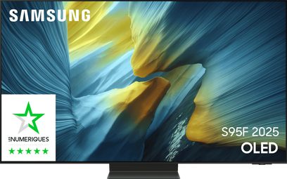 Samsung S95F 2025 OLED TV in black, slim metal frame, flat screen front view on a central trapezoidal stand