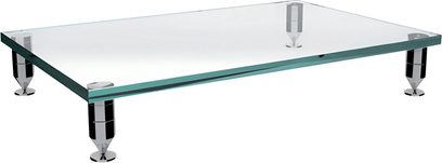 Mobile Hi-Fi Schroers & Schroers Modul 170/1065 in vetro trasparente con piedini cromati, vista frontale su sfondo bianco