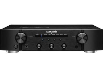 Marantz PM6007 black integrated stereo hi-fi amplifier, brushed aluminum front panel, blue display, metal knobs