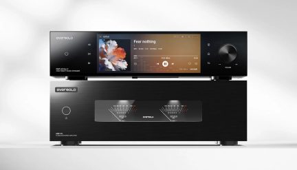 Black EverSolo DMP-A8 Gen 2 network player on black AMP-F8 power amplifier with central VU meters