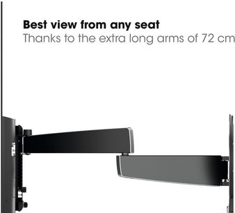 Zwarte wandgemonteerde TV-steun, zijaanzicht, lange 72 cm verstelbare armen, tekst "Best view from any seat" bovenaan de afbeelding