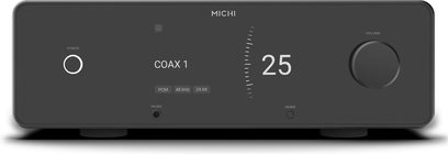 Przedwzmacniacz stereo Rotel Michi P430 czarny, panel przedni z wyświetlaczem COAX 1 i dużym pokrętłem głośności
