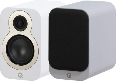 White Q Acoustics 3010c bookshelf speaker, satin-finished MDF cabinet with rounded corners, three-quarter view showing one speaker with cream-rimmed tweeter and woofer and the other fitted with a black acoustic grille, “Q” logos visible