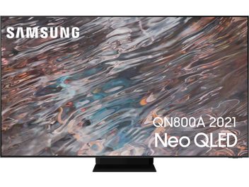 Televizor Samsung QN800A 2021 Neo QLED zobrazující abstraktní vícebarevný obraz s plynulými a dynamickými motivy