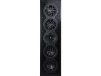 Zapuštěný nástěnný reproduktor Perlisten S7i-LR, pohled zepředu, 4 reproduktory s mřížkovým vzorem, 2 centrální výškové reproduktory v jedné řadě