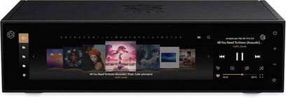 Rose RS150 sort netværksaudioafspiller, forside med farvedisplay der viser albumcovere, kontrolknapper