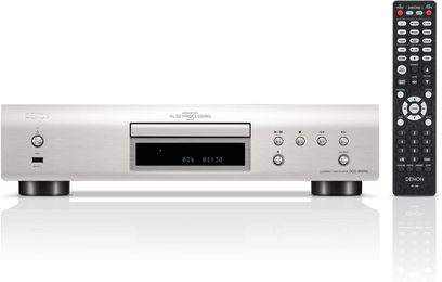 Denon DCD-900NE hopeinen CD-soitin, etunäkymä, näyttö, painikkeet, kauko-ohjain, valkoisella taustalla