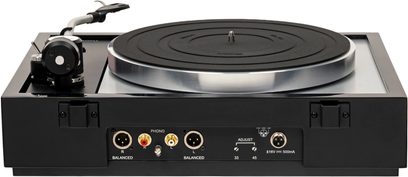 Giradischi Thorens TD 1600 con TP160 nero, vista posteriore, connettori audio, piatto circolare, braccio di lettura