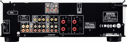 Onkyo TX-8030 sort stereo hi-fi-forstærker, set forfra, tilslutninger og betjeningsknapper, mat sort finish