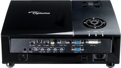 Optoma EP763 sort videoprojektor, set forfra, bagside med VGA-, S-Video-, RS-232-, lyd- og videoporte