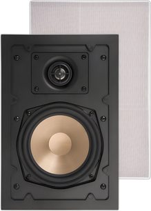 Muurille asennettava upotettava ArtSound HPRE650 -kaiutin, musta kotelo, kuparinen woofer ja keskelle sijoitettu diskantti, taustalla irrotettava valkoinen etusäleikkö