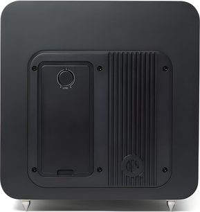 Q Acoustics Q SUB100 matte black subwoofer enclosure, composite material cabinet with metal rear panel featuring a LEVEL rotary knob and vertical finned heatsink, rear view, metal cone feet