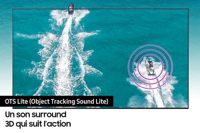 TU55DU8575 2024 højdefinitions-TV. Luftfoto af 2 jet-ski på turkisblåt vand med lilla cirkler omkring den ene
