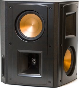 Klipsch RS-52 MkII sort højttaler, frontvisning tæt på, gylden højttaler i midten, to ventilationshuller, aftagelig gitterbeklædning