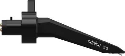 Ortofon Concorde 5S matte black turntable cartridge with metal body, side view, streamlined shape with white logo and gold rear connectors