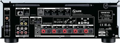 Onkyo TX-NR474 sort hjemmebiografsforstærker, bagside, tæt centreret billede af lyd/video-stikkene
