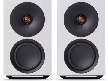 Witte Cambridge Audio L/R M slimme luidsprekers, compact paar met ronde zwarte woofers en centraal koperen tweeter