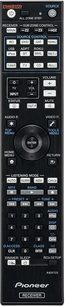 Pioneer VSX-924-S sølvfarvet fjernbetjening, set forfra, med sorte knapper og LCD-skærm, ca. 20 cm lang