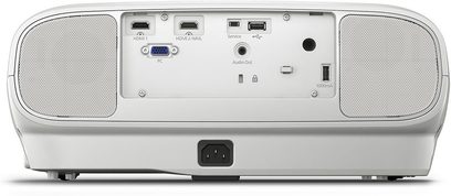 Vidéoprojecteur Epson EH-TW6700 blanc, vue de face, avec connectiques HDMI, VGA et audio sur le côté