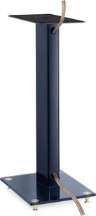 Soporte de altavoz S05 azul con columna rectangular vertical, cable pasante, base cuadrada con puntas metálicas y plataforma superior